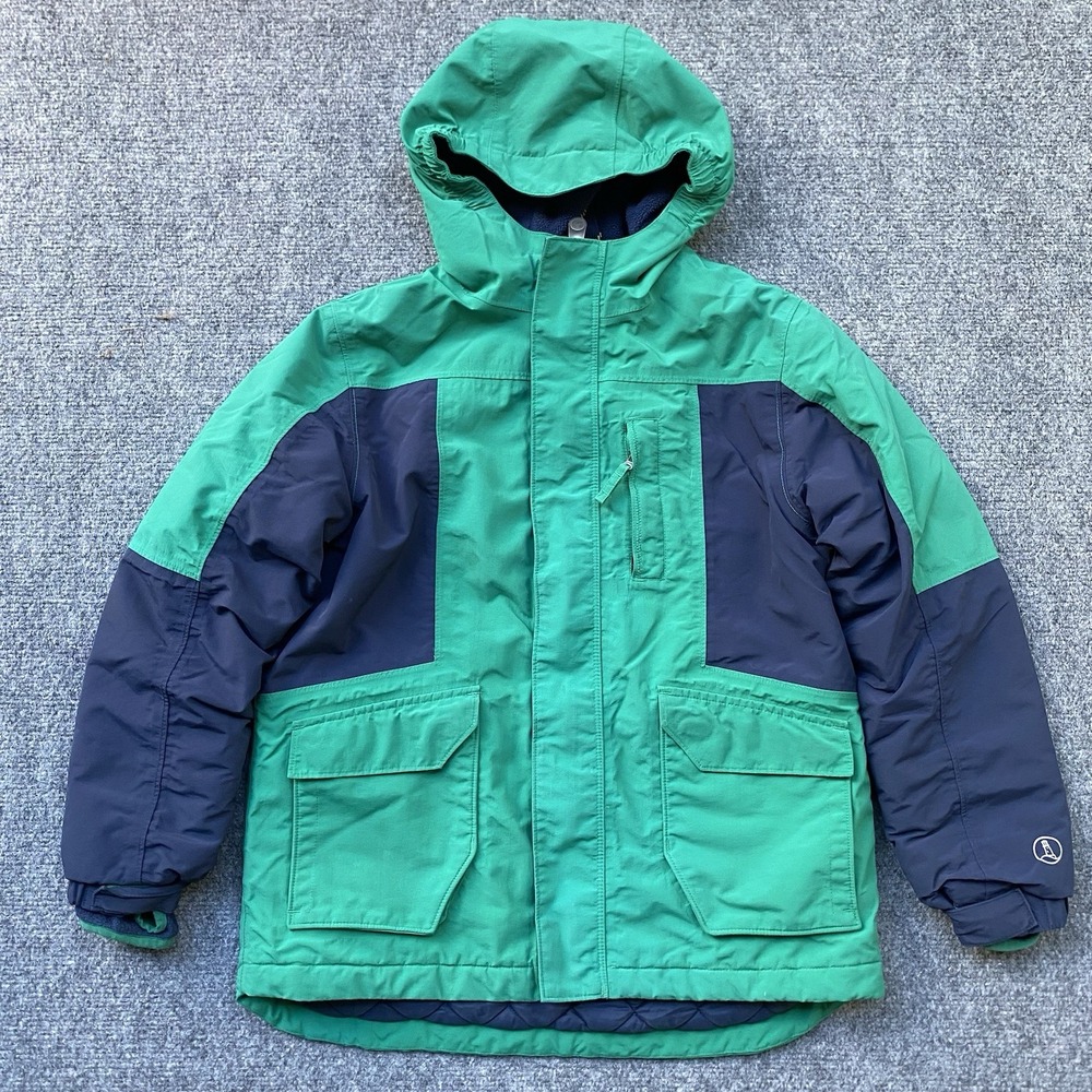 Lands End Hooded Jacket Sz M/10-12 Green Blue Fleece Lined Outdoor Gorpcore